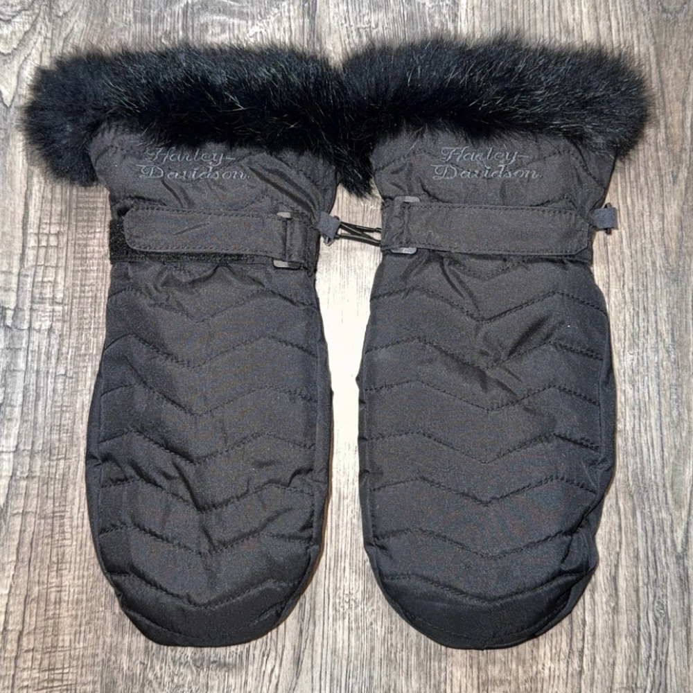 Harley-Davidson Black Quilted Mittens with Fur Trim